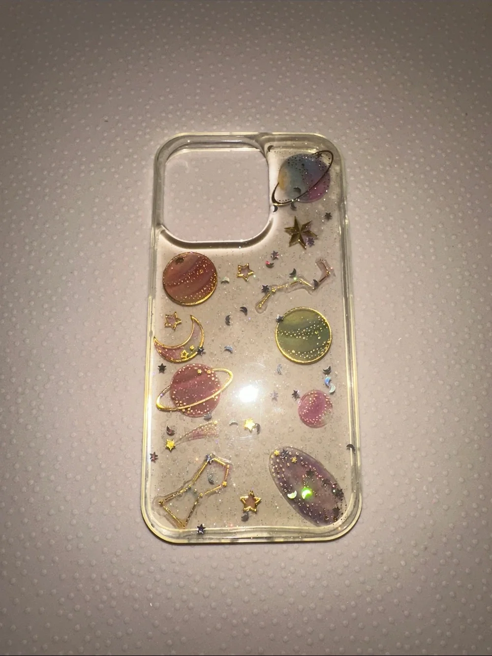 Clear Space-Themed iPhone 14 Pro Case with Pastel Planets